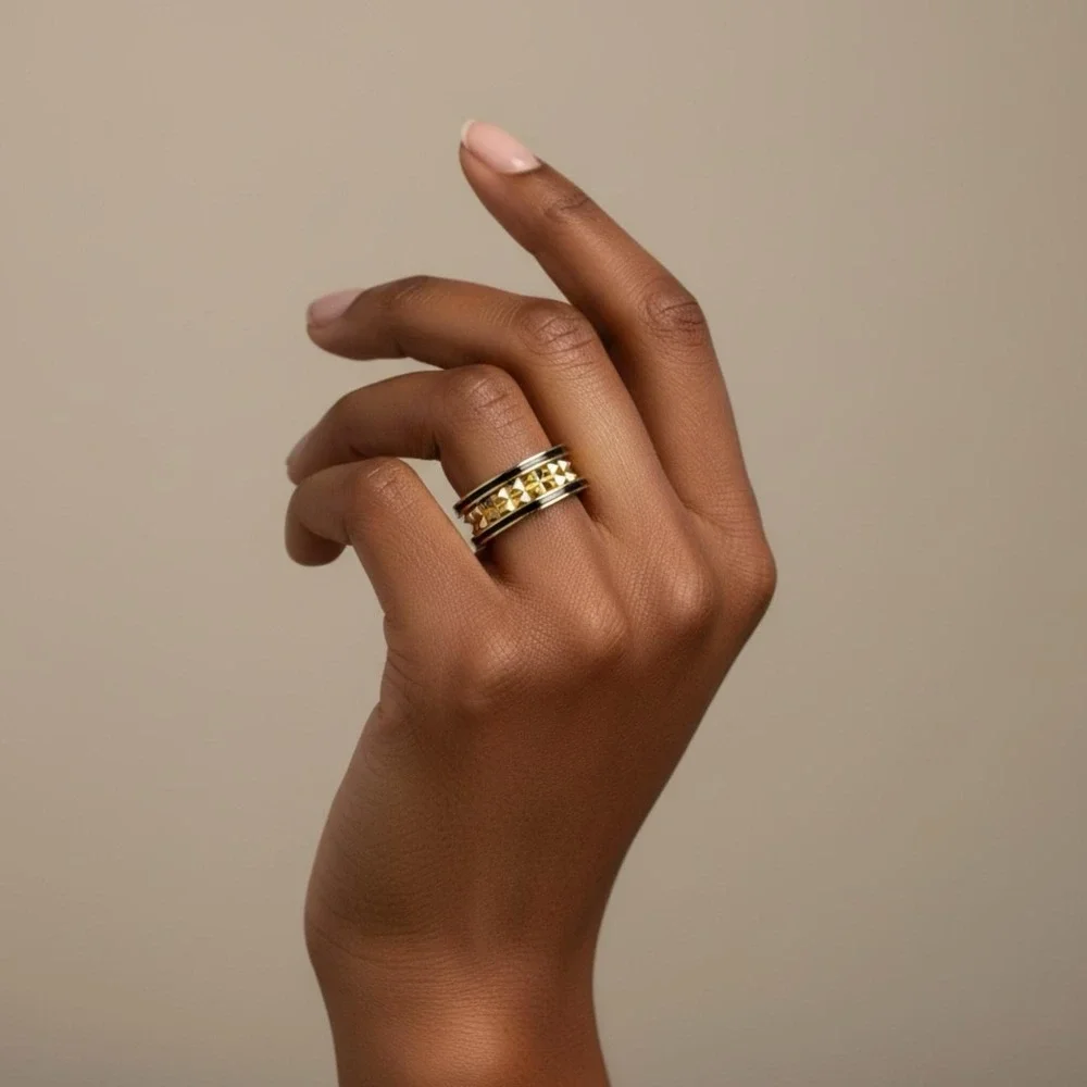 Black Roman Numeral Spinner Ring – Size 9 - Gold Geometric Band Stainless Steel